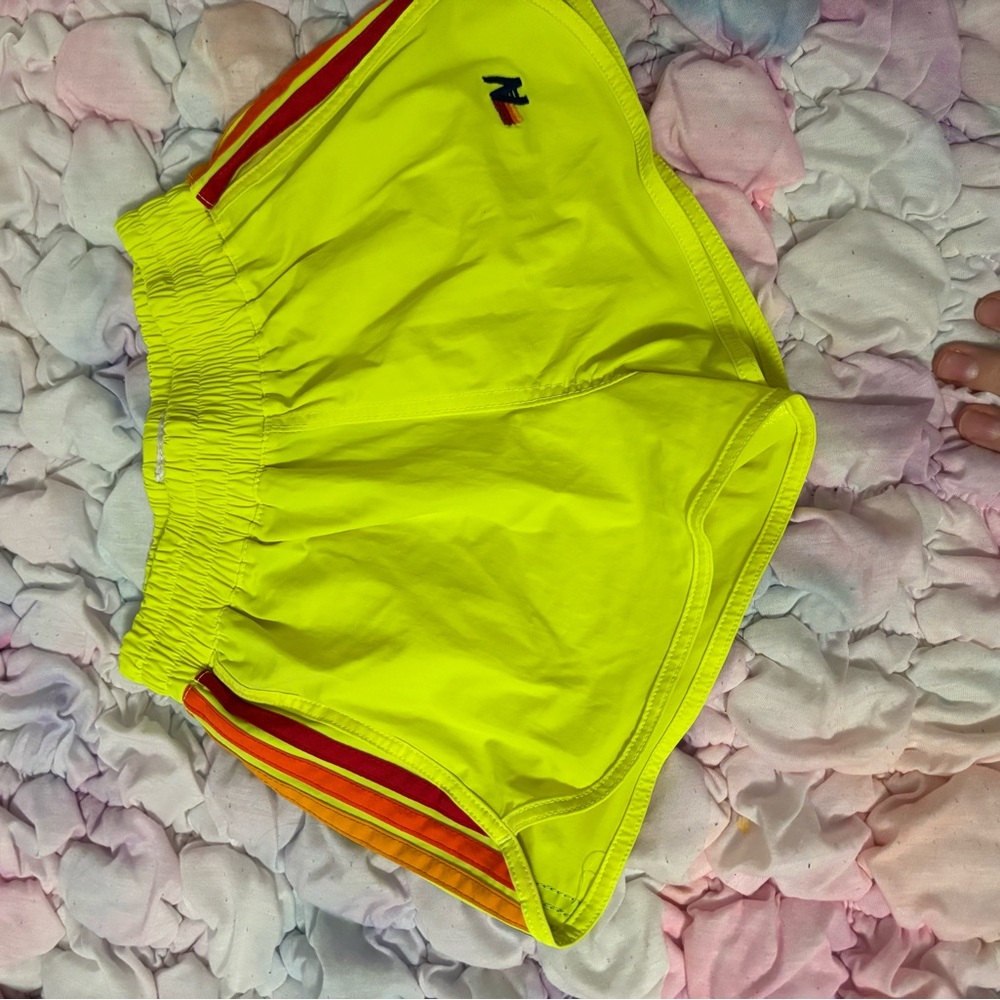 Aviator nation Neon Yellow Athletic Shorts with Red and Orange Stripes